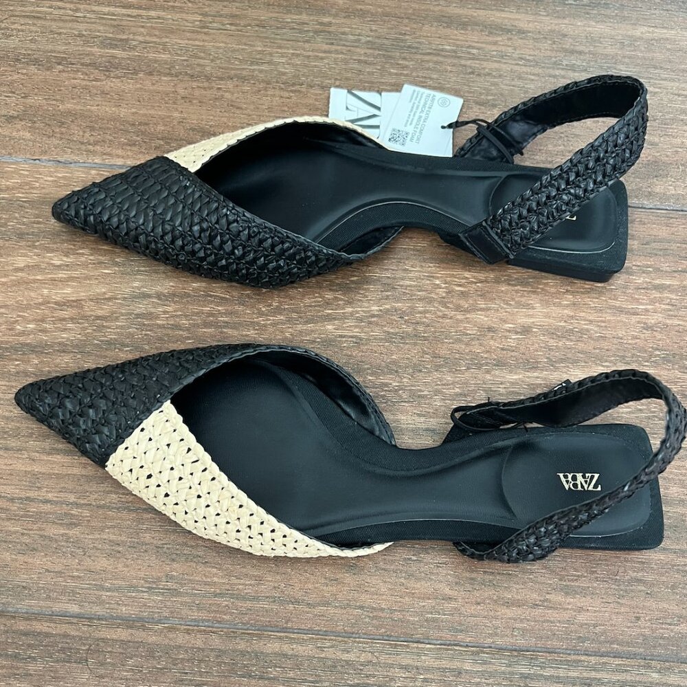 NWT Zara Woven Raffia Slingback Flats Size US 9 EU 40 Black Neutral